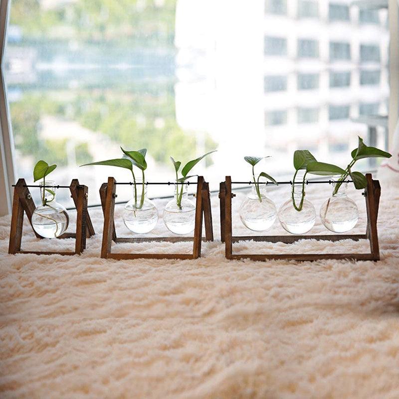 Wood Stand Glass Vase Terrarium Hydroponic Hanging Planter Home Decor - M With 2 Bottles