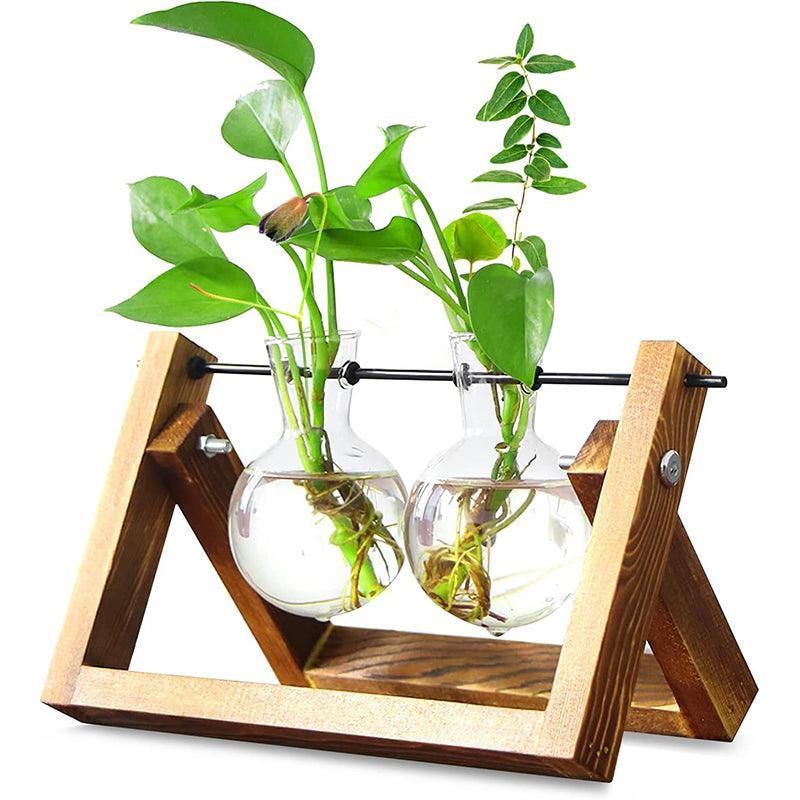 Wood Stand Glass Vase Terrarium Hydroponic Hanging Planter Home Decor - M With 2 Bottles
