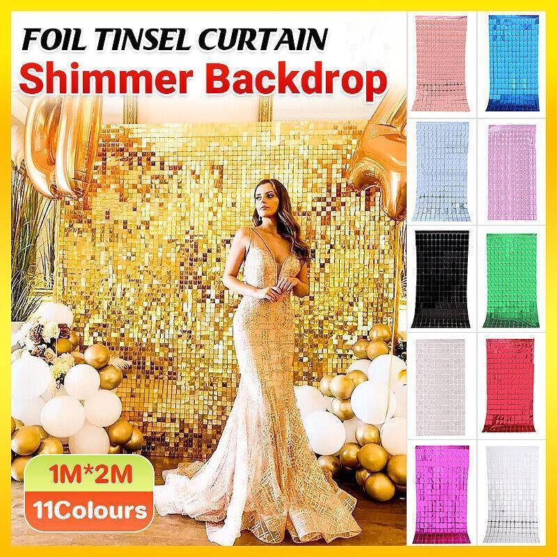 Rectangle Tinsel Curtain Shimmer Wall Backdrop 2M Length Party Decoration Sequin - Gold