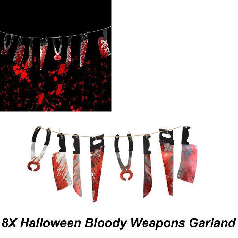 8Pcs Hanging Bloody Weapons Halloween Horror Props Garland Banner Decoration Au