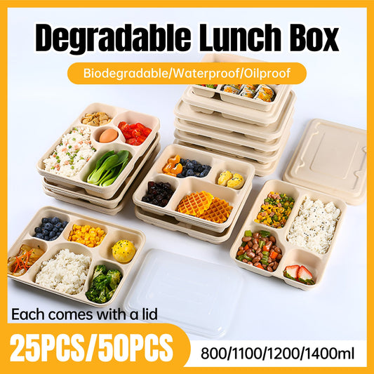 25/50pcs Biodegradable Lunch Box Microwaveable Tray with Compartment Paper Lid - 1100ml-4-50pcs