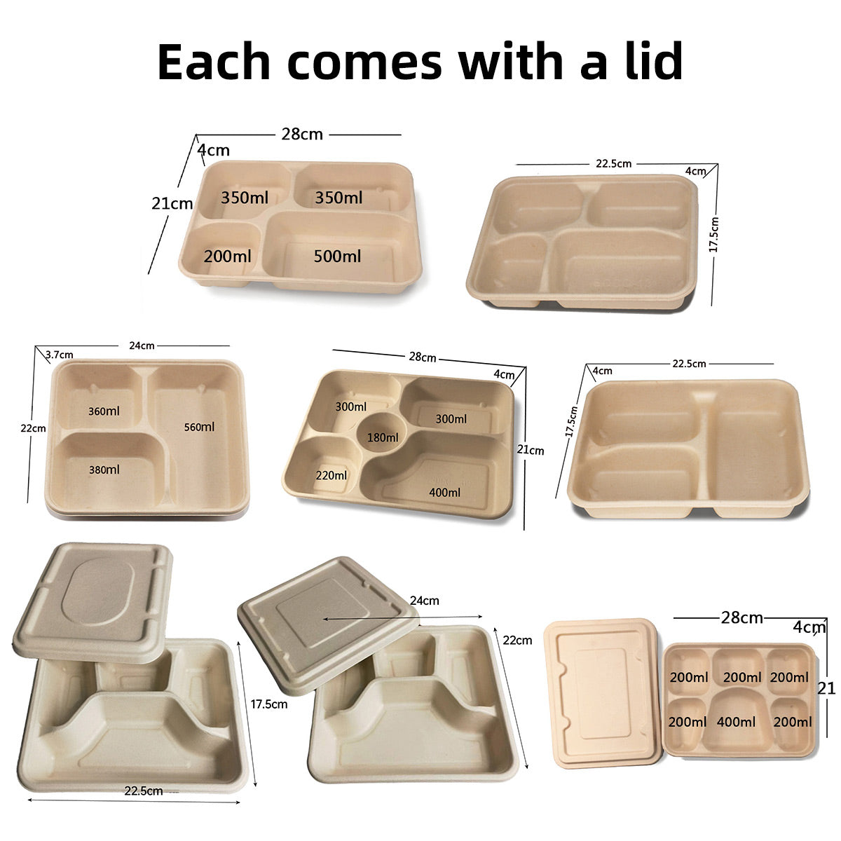 25/50pcs Biodegradable Lunch Box Microwaveable Tray with Compartment Paper Lid - 1200ml-4-25pcs