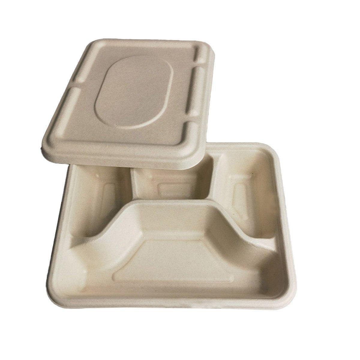 25/50pcs Biodegradable Lunch Box Microwaveable Tray with Compartment Paper Lid - 800ml-50pcs