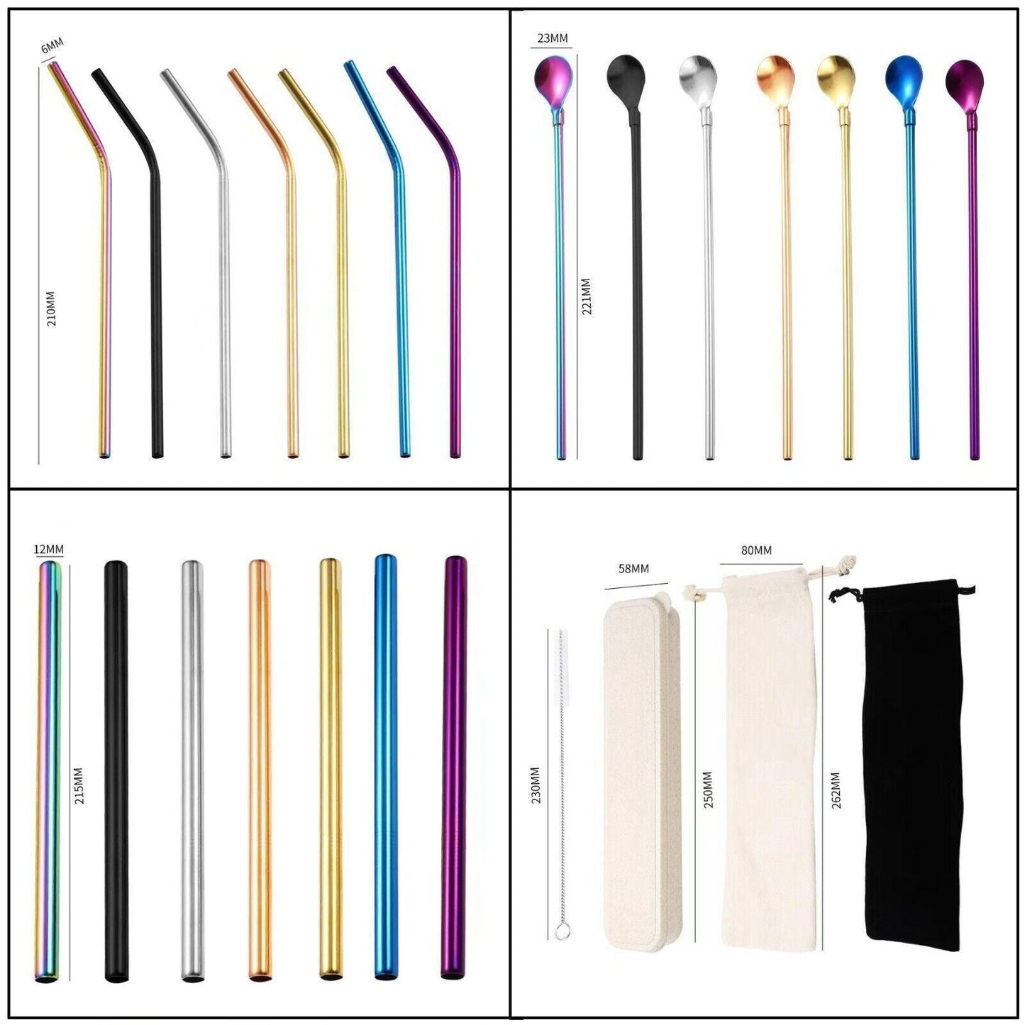 Reusable 304 Stainless Steel Straws Metal Drinking Washable Straw Brushes Set 2 - Rainbow Set 2