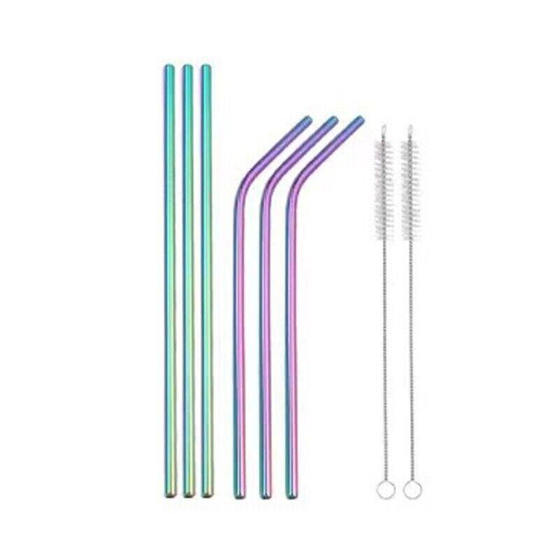 Reusable 304 Stainless Steel Straws Metal Drinking Washable Straw Brushes Set 2 - Rainbow Set 2