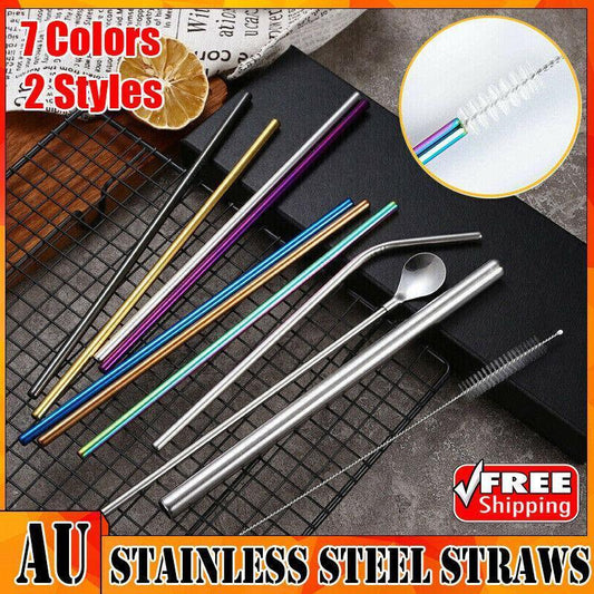 Reusable 304 Stainless Steel Straws Metal Drinking Washable Straw Brushes Set 2 - Silver Set 2