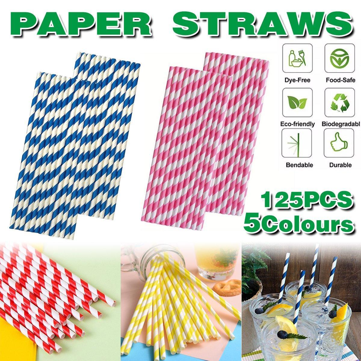 125pcs Biodegradable Paper Straws Striped Coloured Paper Drinking Straws Set