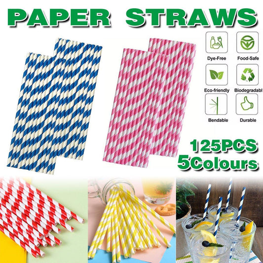 125pcs Biodegradable Paper Straws Striped Coloured Paper Drinking Straws Set