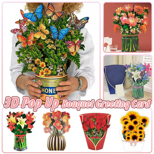 New Style 3D Pop Up Cards Paper Flower Bouquet Greeting Card for All Occasions - Red Rose
