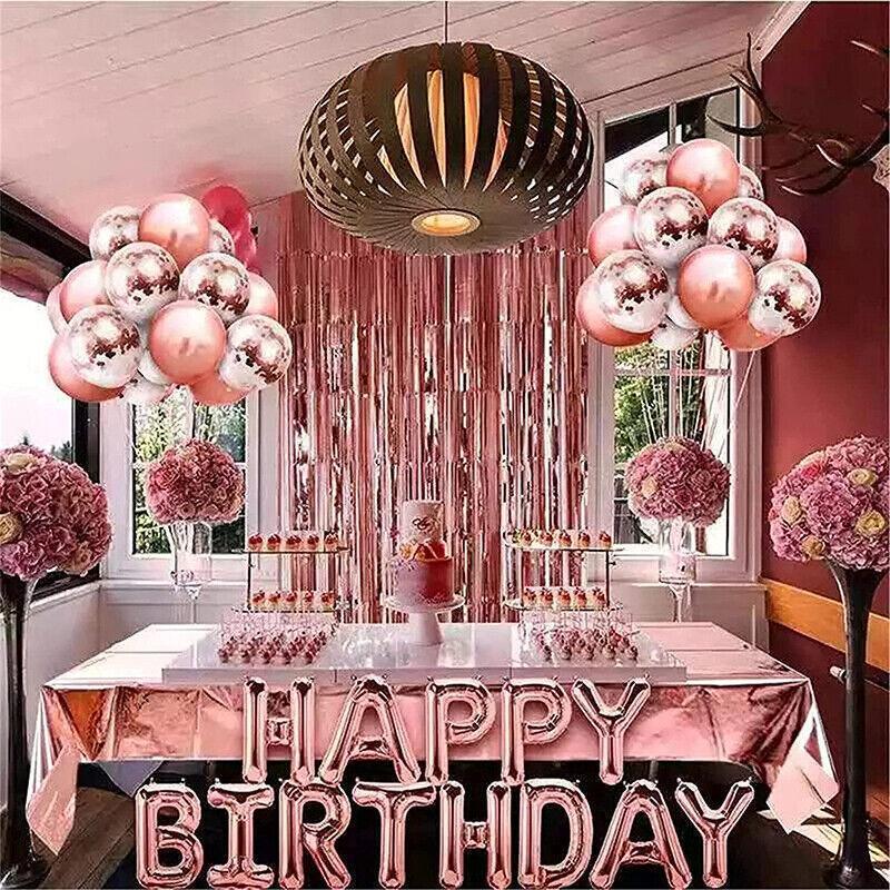 Rose Gold Birthday Balloon Party Decoration Set with Confetti Latex Foil Curtain