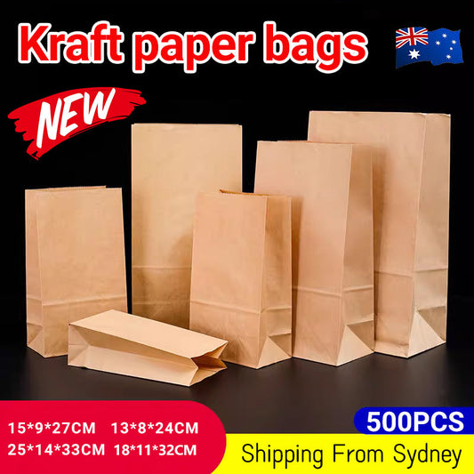 500PCS Kraft Food Paper Bags Brown Flat Bottom Lunch Bags Party Favour Bag - 500PCS-15*9*27CM
