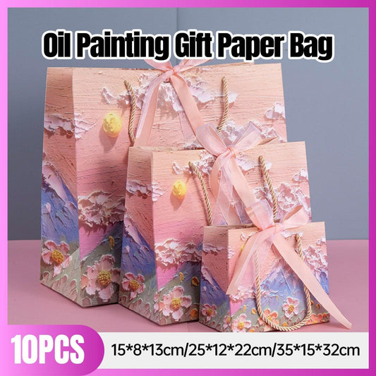 10pcs Oil Painting Gift Paper Bags for Birthday and Holiday Gift Packaging Tote - M