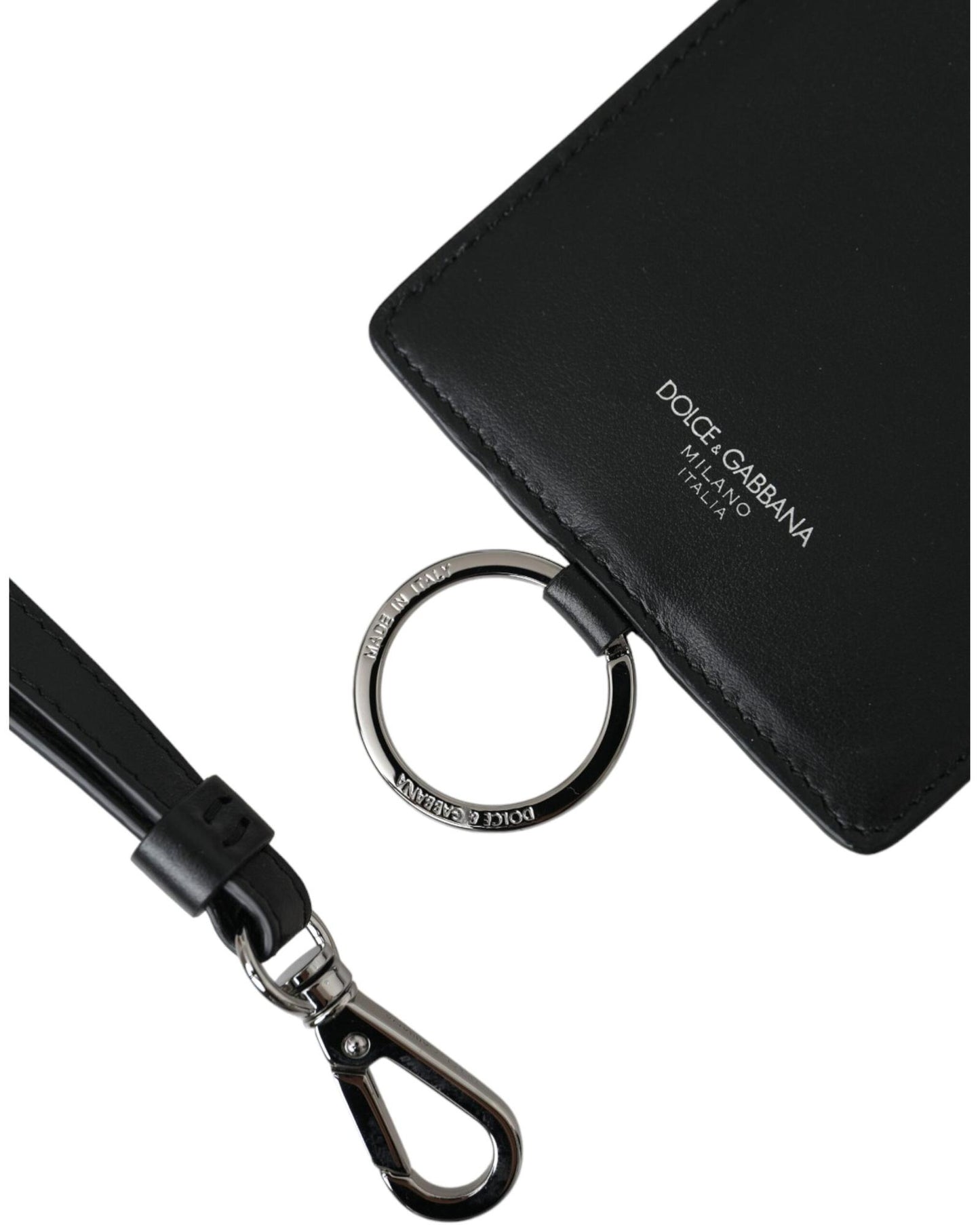 Dolce & Gabbana Men's Black Calf Leather Lanyard Logo Card Holder  Wallet - One Size