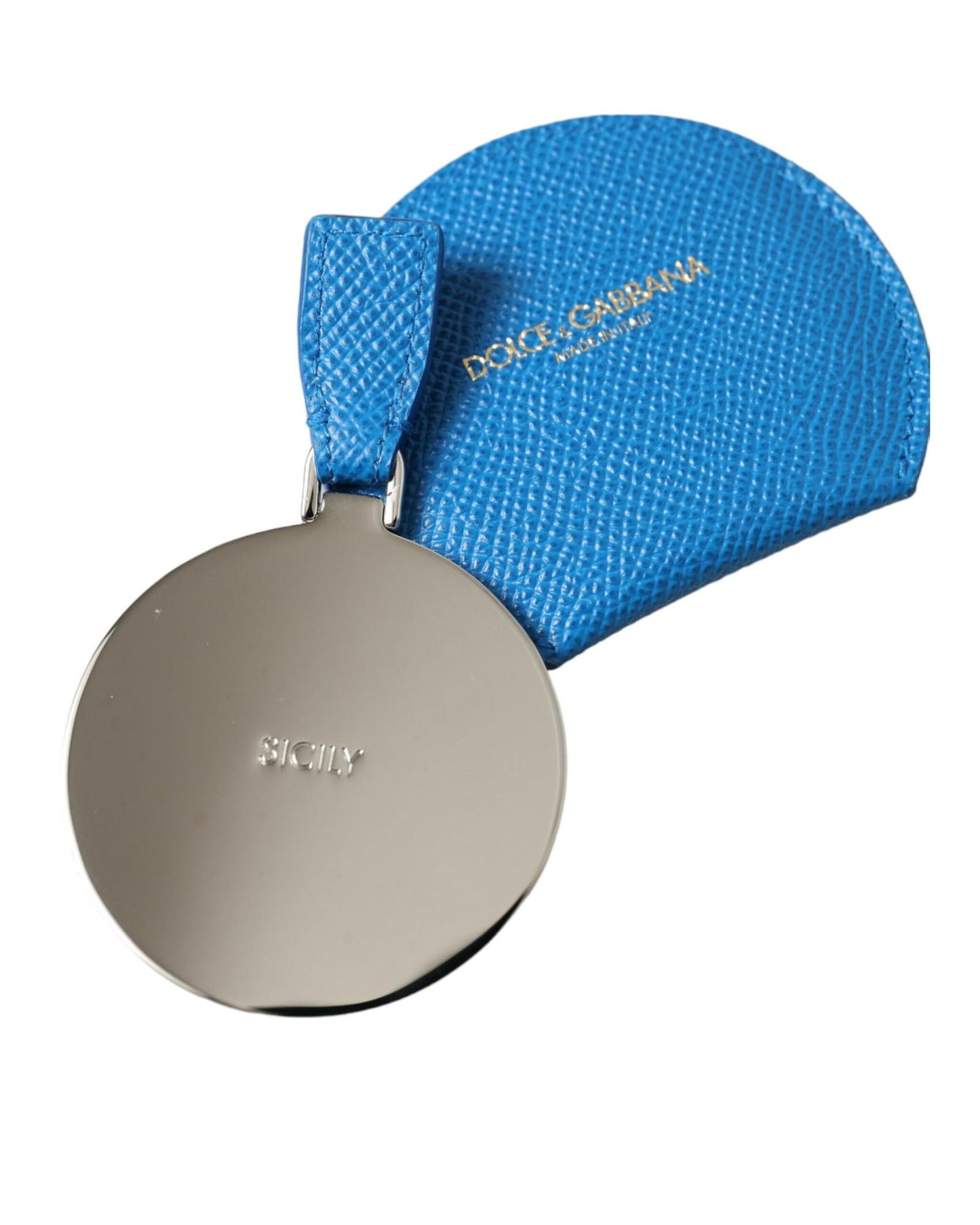 Dolce & Gabbana Women's Blue Calfskin Leather Round Logo Hand Mirror Holder - One Size