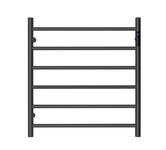 Premium Matte Black Heated Towel Rack with LED control- 6 Bars, Round Design, AU Standard, 650x620mm Wide