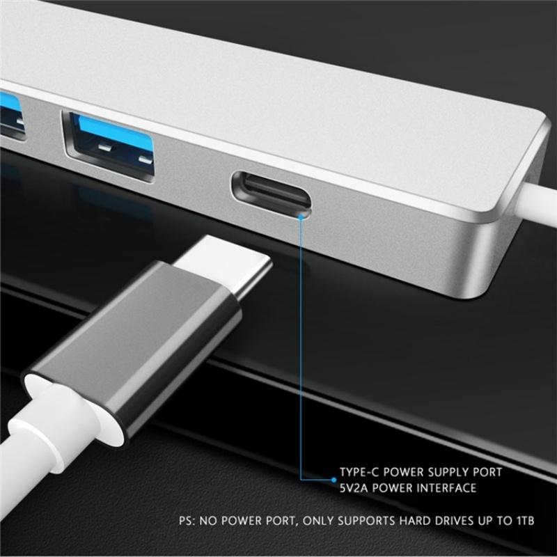 Usb 3.0 Type-C + 4-Port Hub For Laptop Expansion - Silver