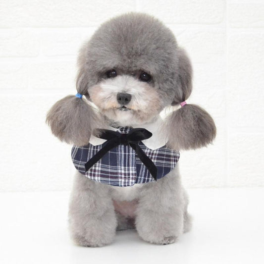 Dog Shawl Small Cloak Pet Bow Ttie Saliva Towel Pet Accessories - Size L - Navy Blue Grid