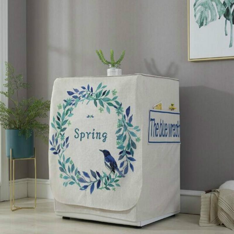 Cartoon Cotton Linen Drum Roller Washing Machine Dust Cover - 83x60x60cm Size - Blue Flower