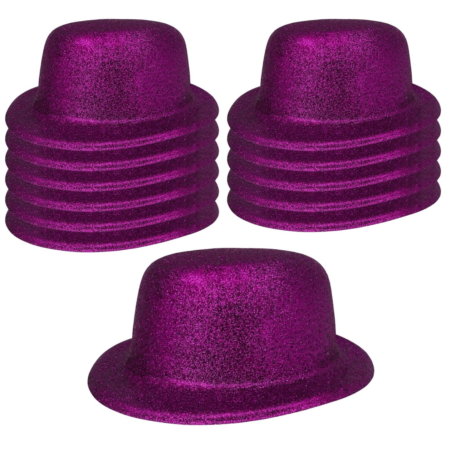 12x GLITTER BOWLER HAT Fancy Party Plastic Costume Cap Fun Dress Up Sparkle BULK - Purple