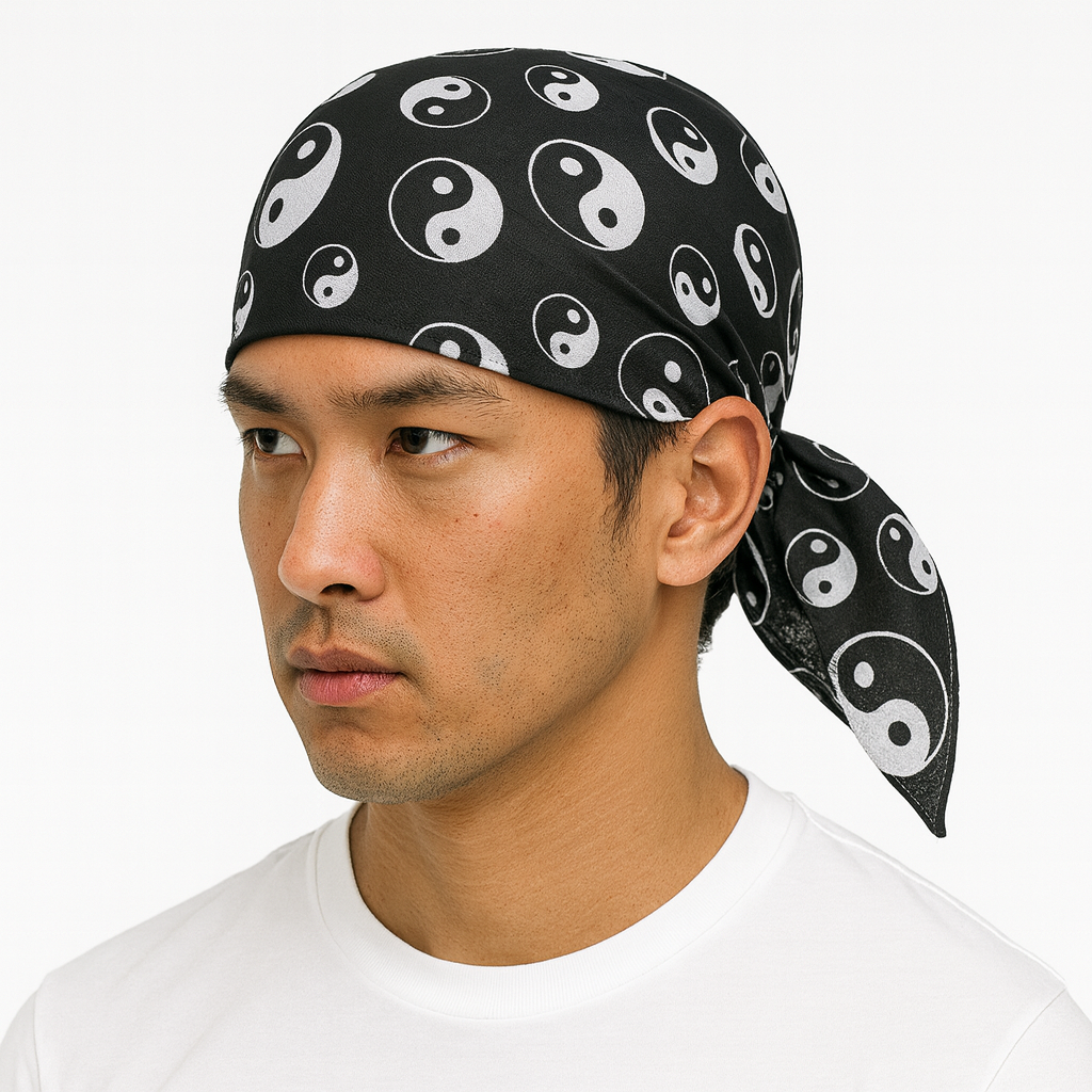 BANDANA Paisley 100% COTTON Head Wrap Durag Bandanna Summer Biker Scarf Mask - Yin Yang (Black/White)