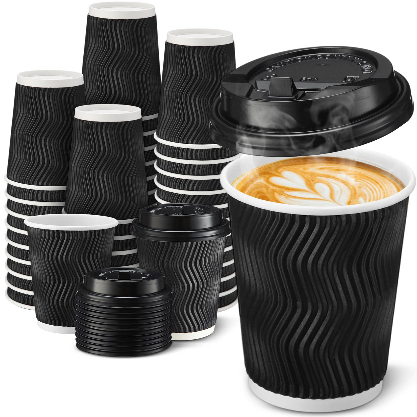 360x Triple Wall Paper Coffee Cups w/Lids (8oz) Disposable Takeaway Bulk in Black