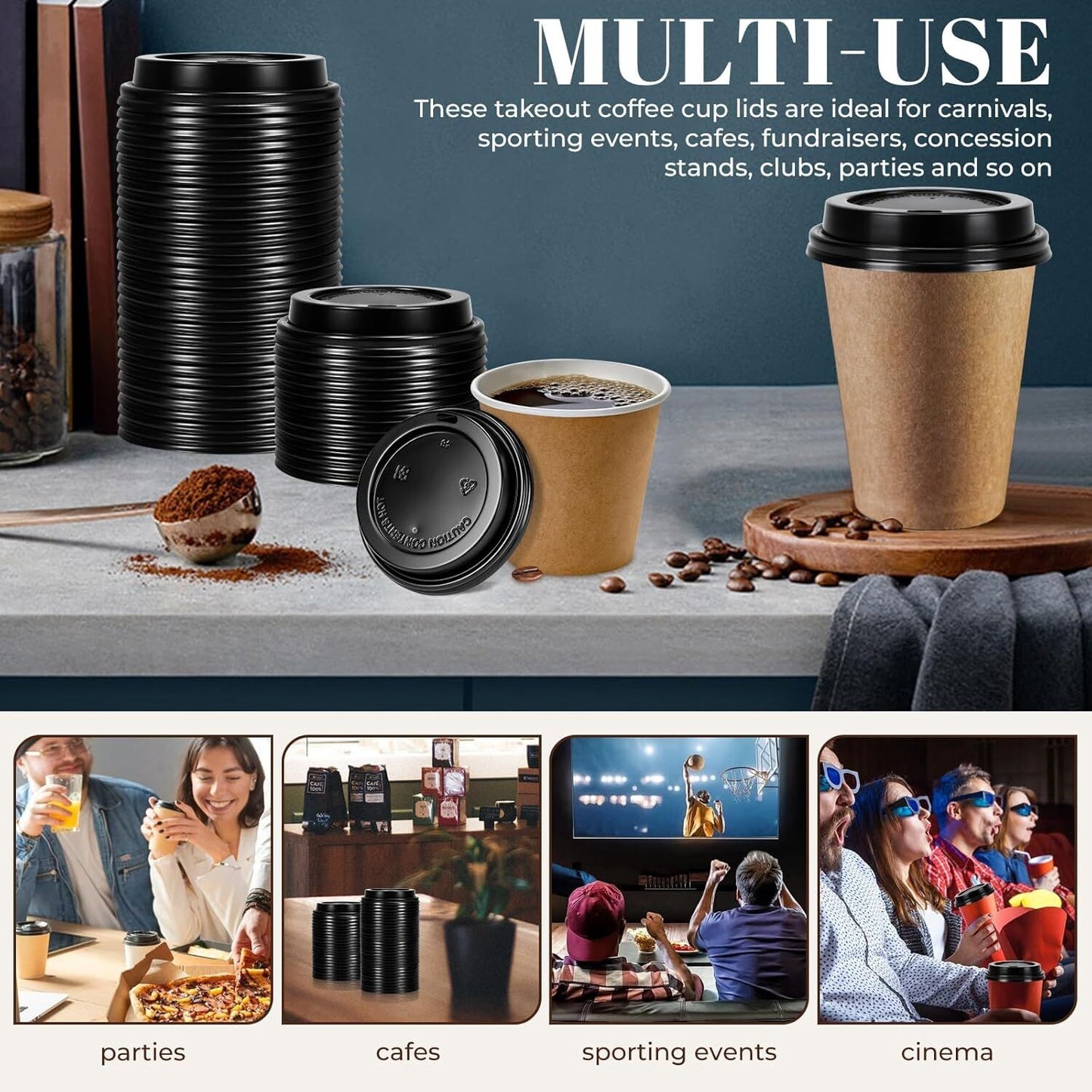 1000x 90mm Plastic Coffee Cup Lids for 12oz / 16oz Cups Dome Style - Black