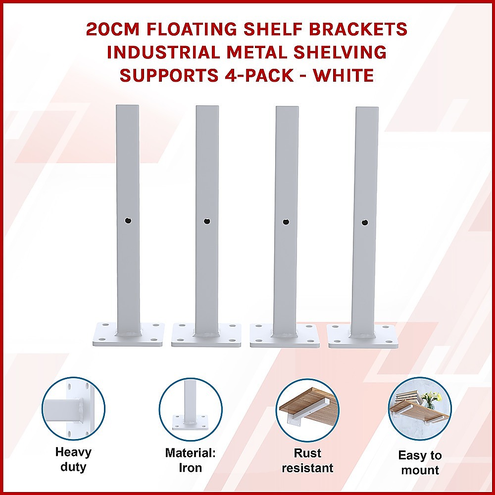 20cm Floating Shelf Brackets Industrial Metal Shelving Supports 4-Pack - White