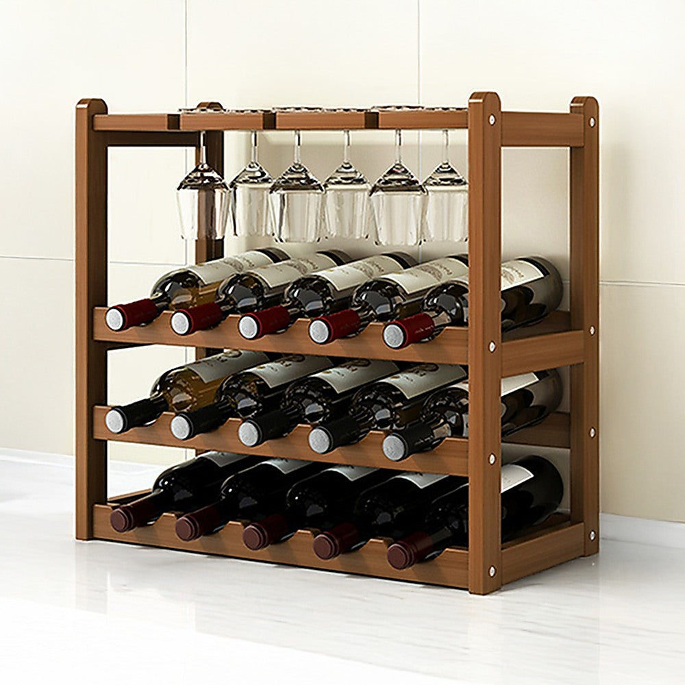 Bamboo Wine Rack Free Standing 15 Bottles with 6 Glasses Holder Storage in Dark Brown