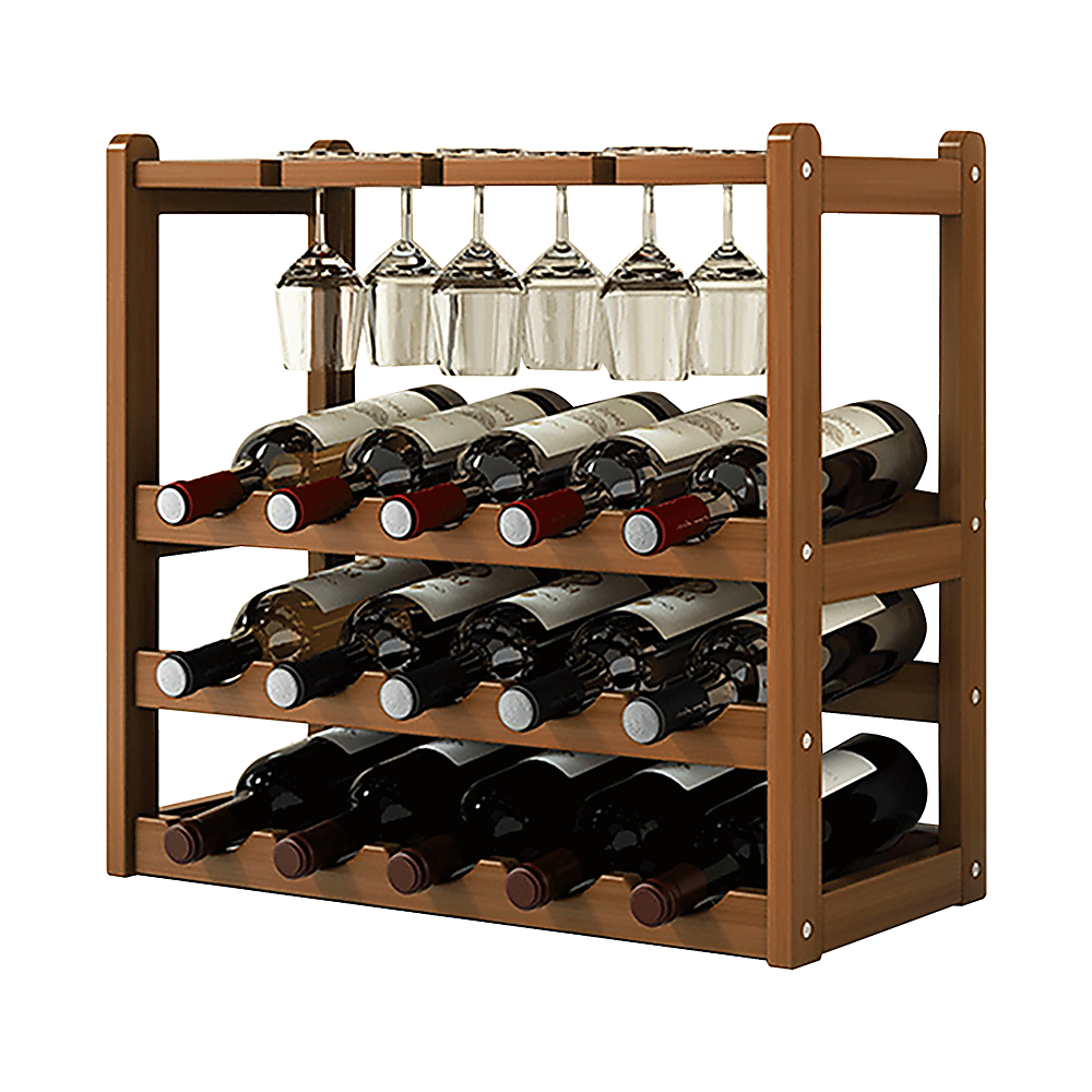 Bamboo Wine Rack Free Standing 15 Bottles with 6 Glasses Holder Storage in Dark Brown