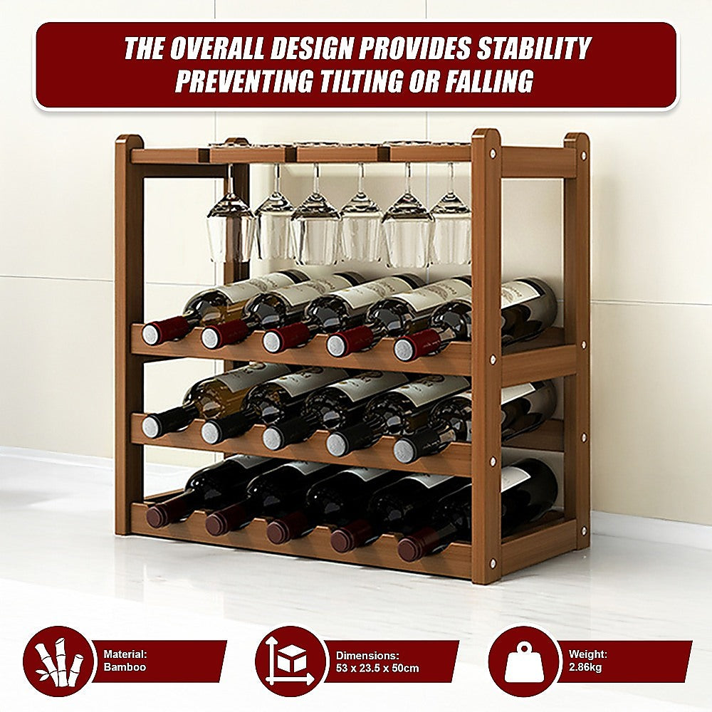 Bamboo Wine Rack Free Standing 15 Bottles with 6 Glasses Holder Storage in Dark Brown