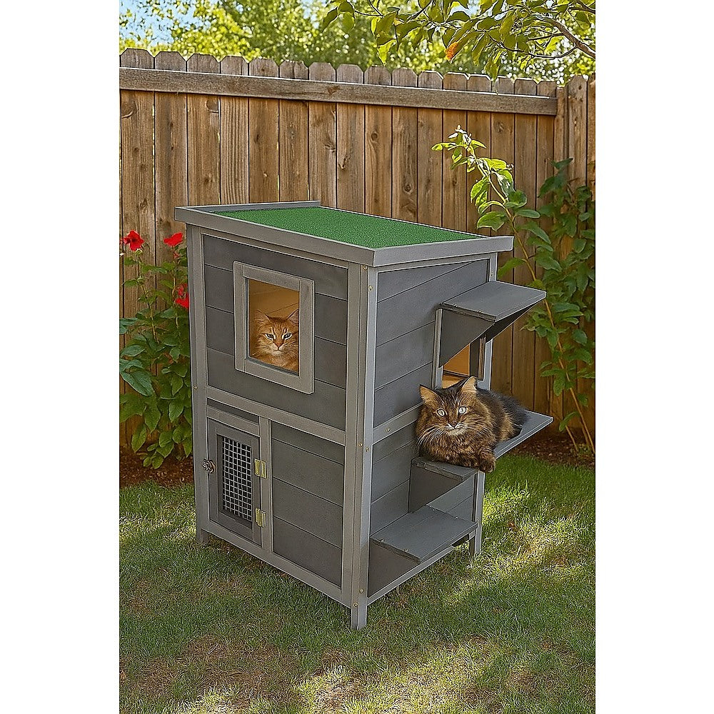 Cat House Weatherproof 2-Story Indoor Outdoor Wooden Shelter Bitumen Roof