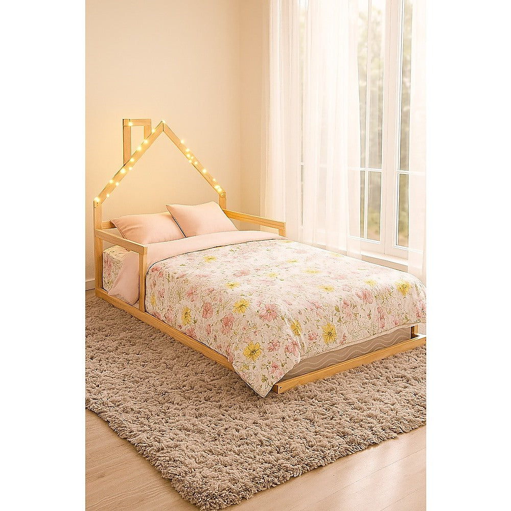 Pine Wood Floor Bed House Frame for Kids and Toddlers