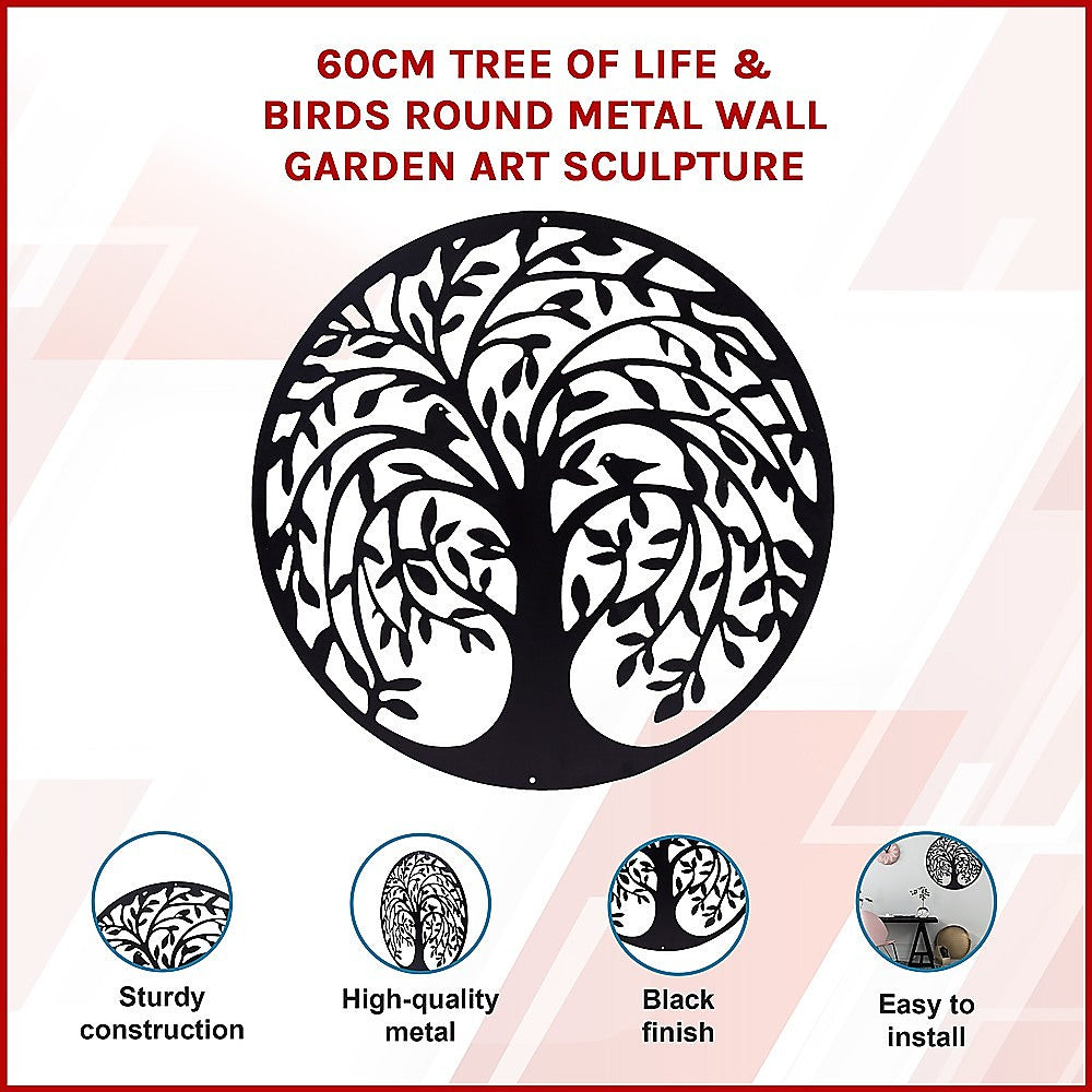 60cm Tree of Life & Birds Round Metal Wall Garden Art Sculpture
