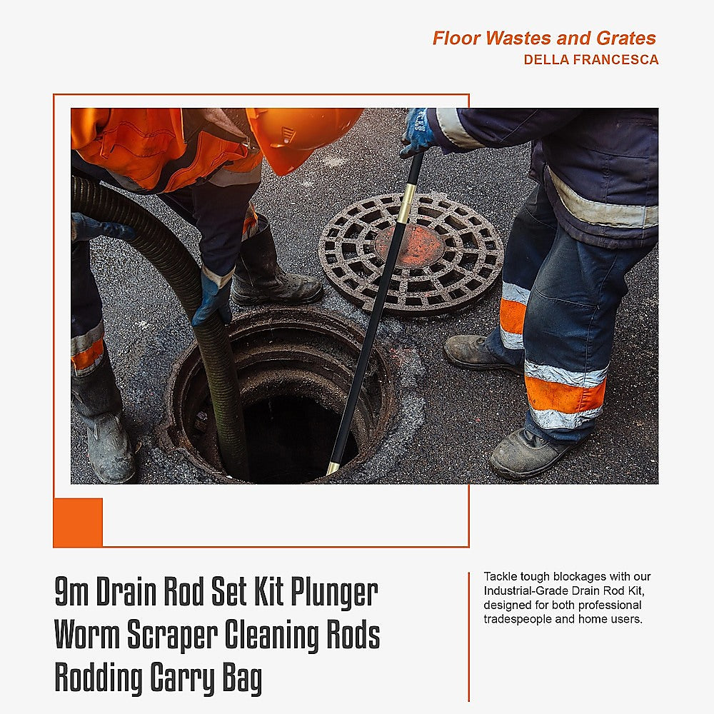 9m Drain Rod Set Kit Plunger Worm Scraper Cleaning Rods Rodding Carry Bag