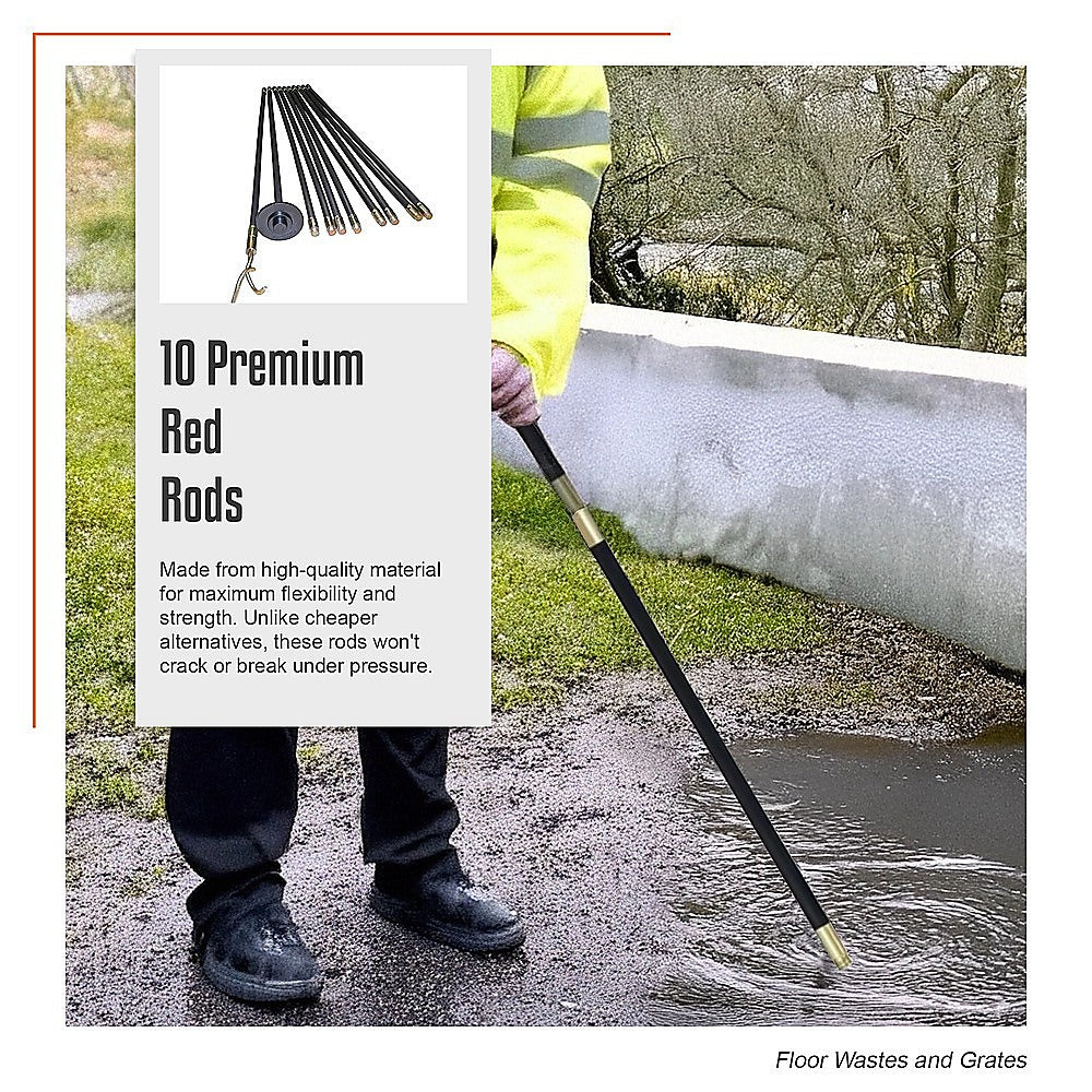 9m Drain Rod Set Kit Plunger Worm Scraper Cleaning Rods Rodding Carry Bag