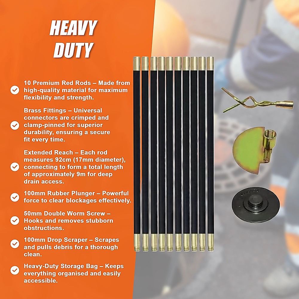 9m Drain Rod Set Kit Plunger Worm Scraper Cleaning Rods Rodding Carry Bag