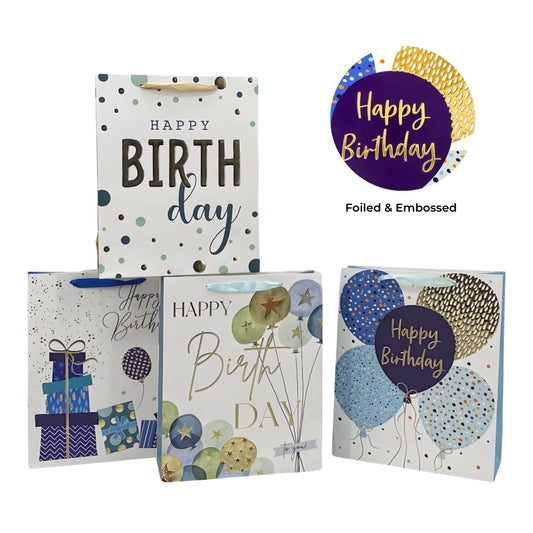Bulk 24 Xlarge Foil & Embossed Birthday Gift Bag 4 Assort 31x42cm