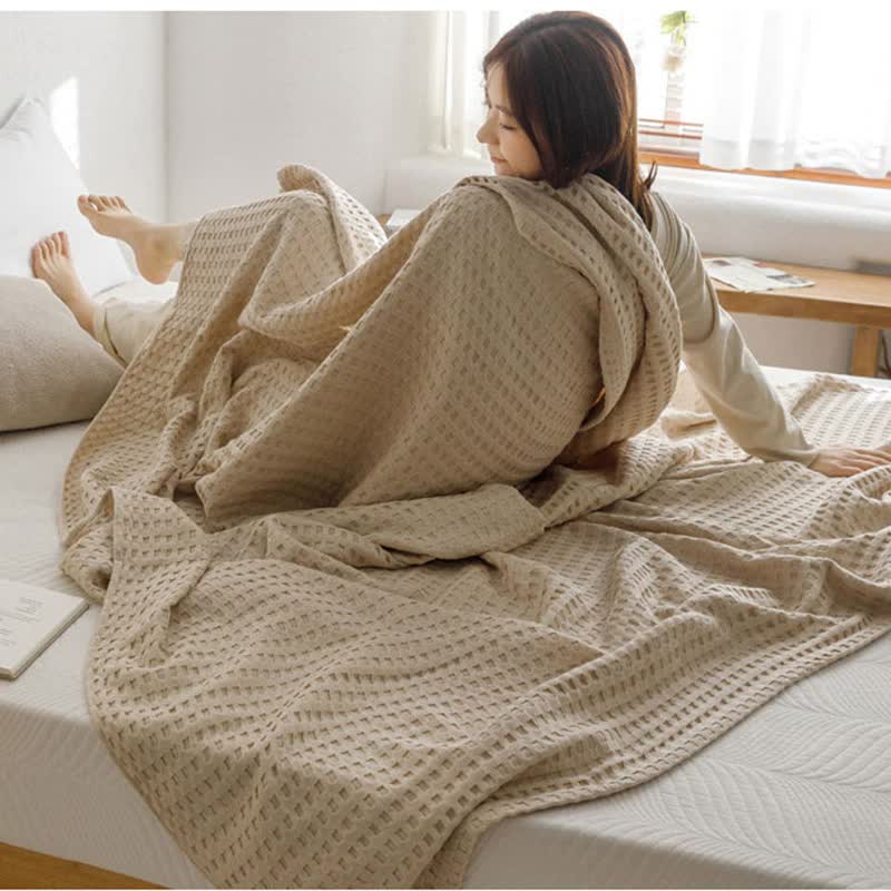 Cotton Waffle Blanket - Air Conditioning Blanket/Throw/Summer Quilt, 100*152cm,Khaki