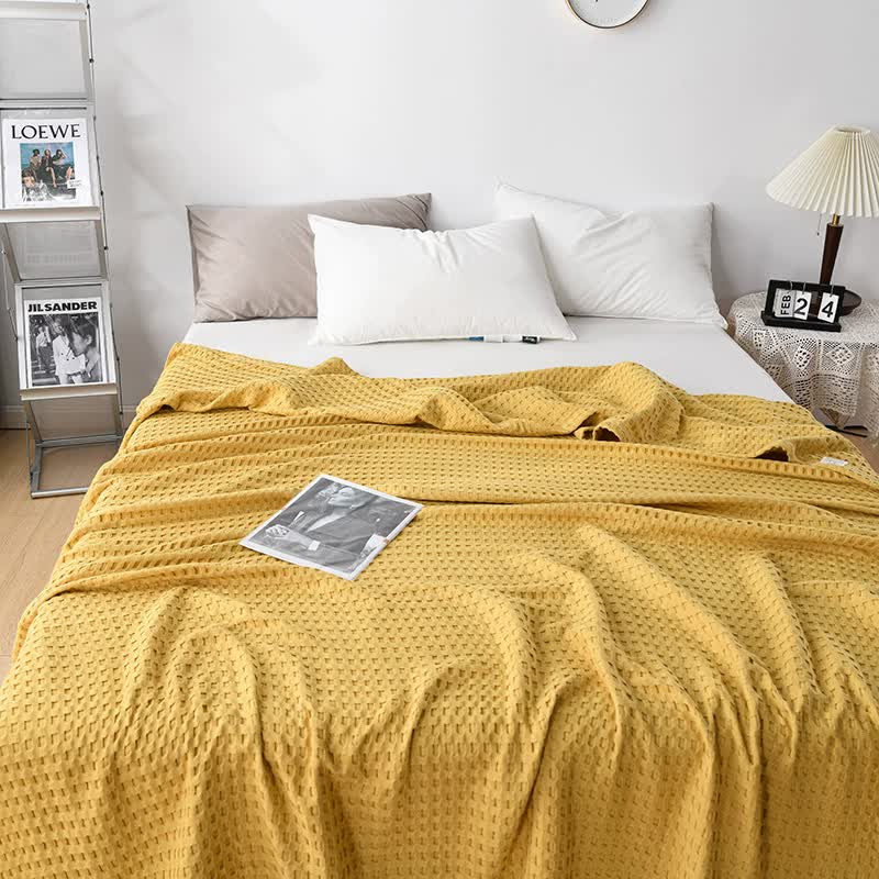 Cotton Waffle Blanket - Air Conditioning Blanket/Throw/Summer Quilt, 100*152cm,Yellow