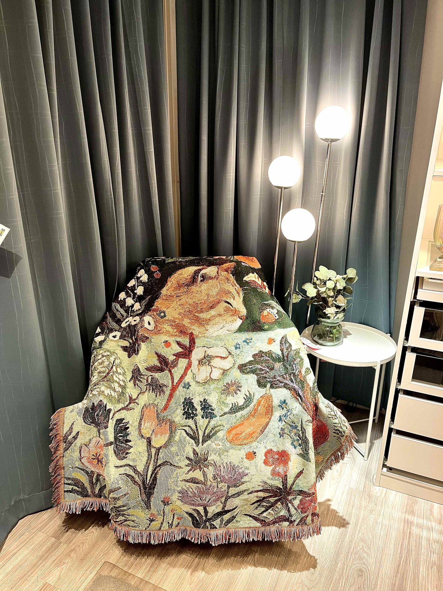 Green Oragne Cat Sleeping Floral Cat Patterned Throw Blanket - Soft and Cozy, 130x160cm with Tassels