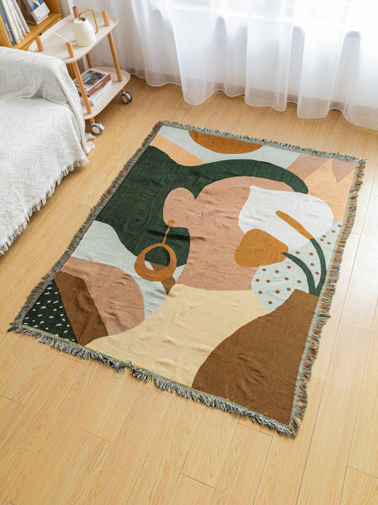 Boho Abstract Woven Blanket – 180x130cm Decorative Throw with Tassel Edges