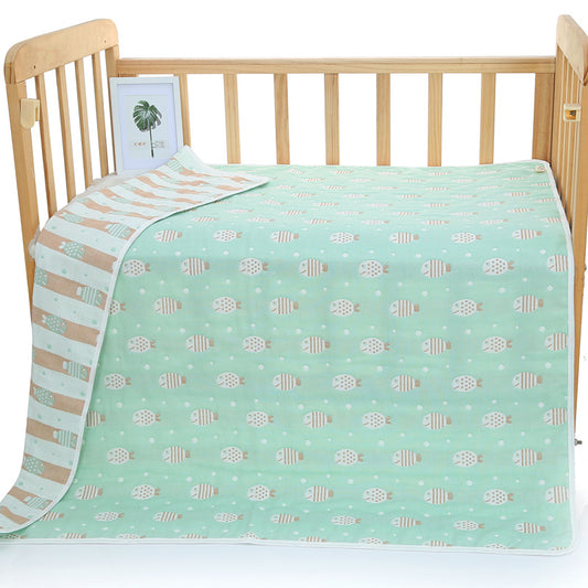 Green Fish, 6-Layer Muslin Baby Blanket - Soft Cotton Bedding for Infants and Toddlers, 110x110cm