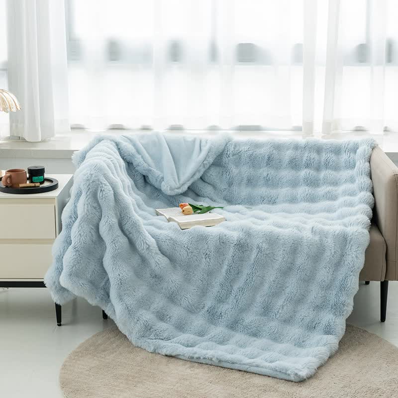 Light Blue 130*160cm Plush Toscana Rabbit Hair Throw Blanket - Soft Flannel Fleece for All Seasons, Perfect for Couch & Bed