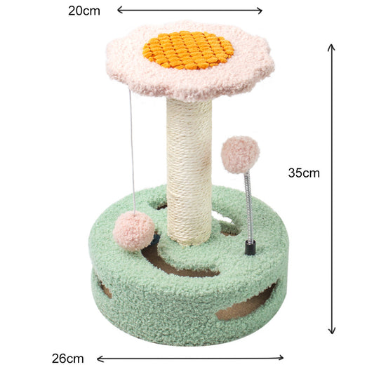 Green Bold Flower Cat Scratching Post - Interactive Plush & Sisal Cat Toy with Teaser Balls
