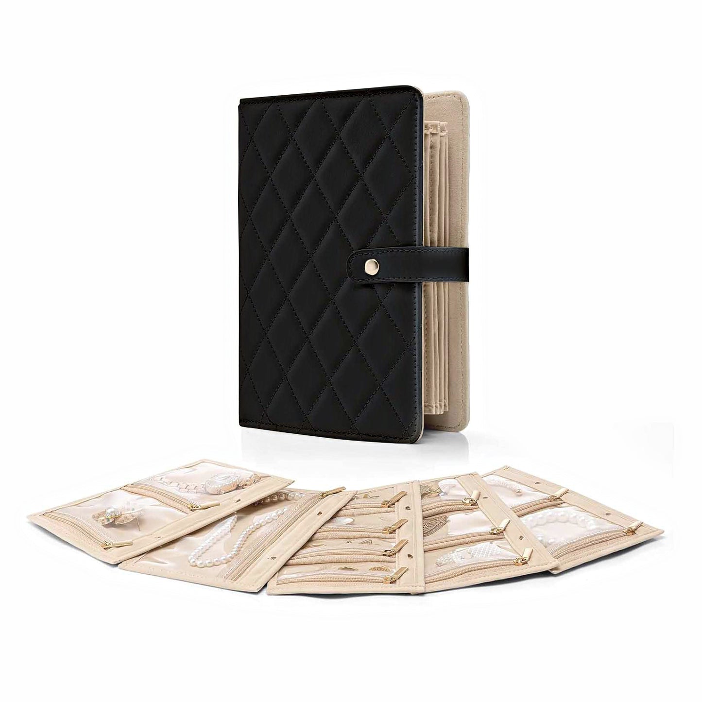 Black Elegant Quilted Travel Jewelry Organizer Binder - Portable Loose-Leaf Storage Book with Clear Zipper Pockets for Earrings, Necklaces, Rings