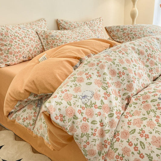 Tangerine Crush Thick Brushed Cotton 4-Piece Bed Sheet Set (1.5m Bed) - Fits 200x230cm Duvet