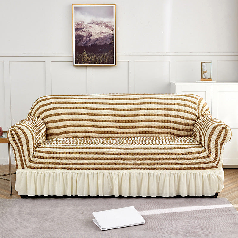 Beige-coffee Double Sofa Bubble Gauze Sofa Cover with Skirt - Full Elastic Dustproof Double Seater 145-185cm
