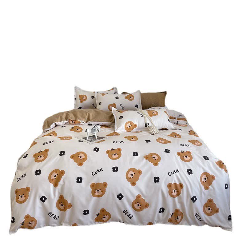 Cartoon Bear 4-Piece Bedding Set with Comforter and Pillowcases for Kids - Soft and Cute Bed Linen (Comforter 150x200cm, Bed Sheet 160x230cm, Pillowcases 48x47cm)