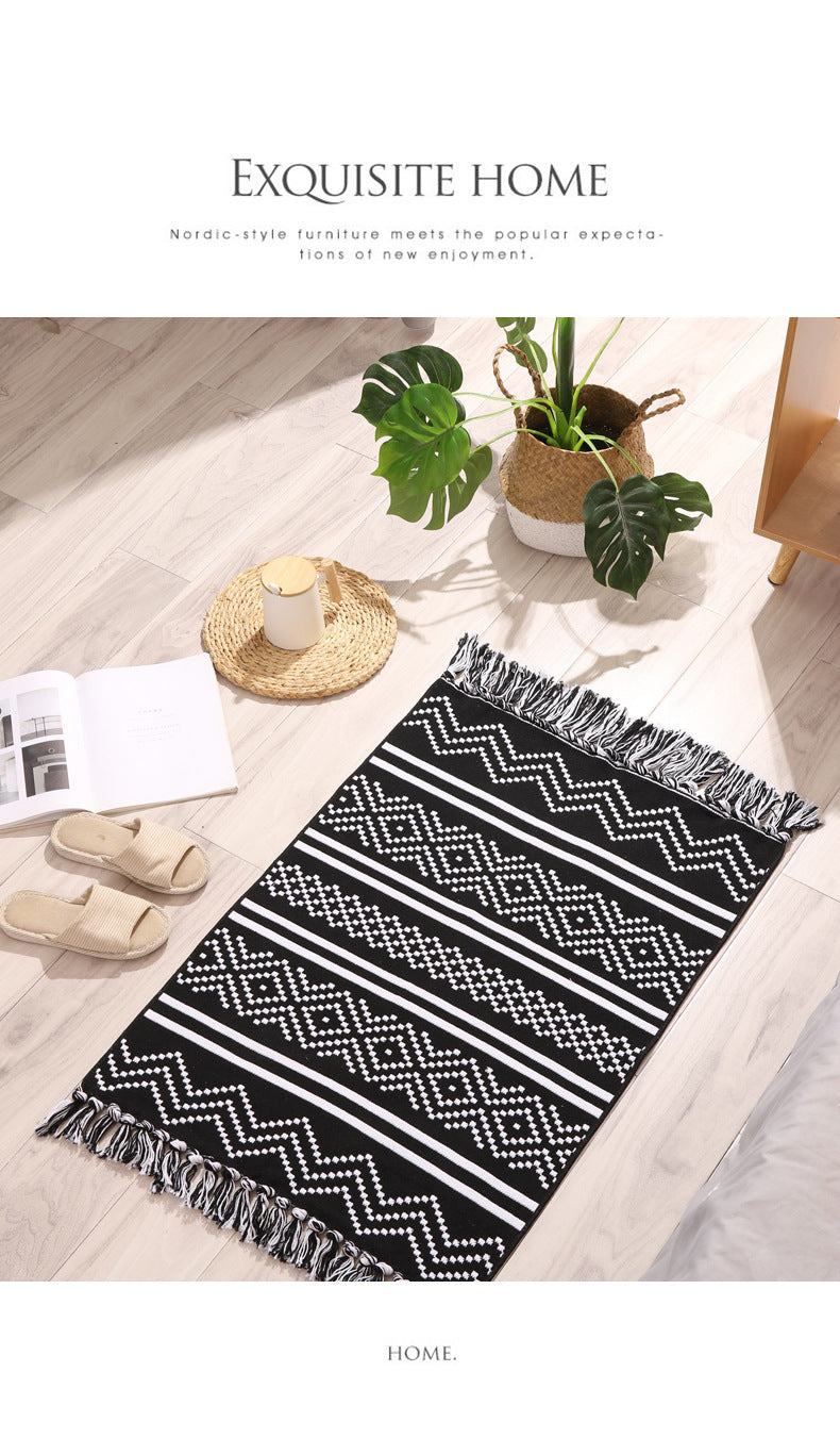 Handwoven Cotton Tassel Floor Rug for Bedroom or Living Room|Soft, Modern Geometric Design,60x90cm