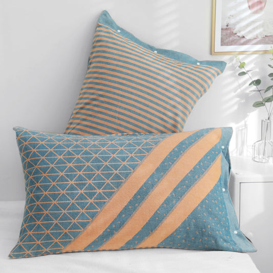 Blue Twill Snap-On Cotton Gauze Pillowcase Set - Full Coverage, Non-Slip, Easy Closure (One pair without pillow core)